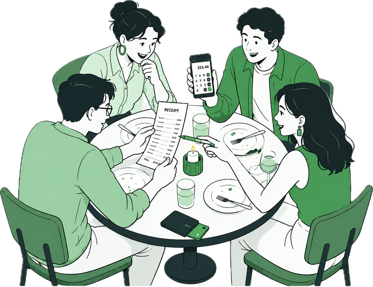 Four friends around a dinner table — one holding a receipt, another holding a phone with a calculator showing the bill total